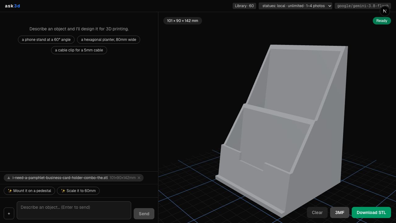 Ask3D previewing a 3D pamphlet and business card holder, with conversational design controls and STL export.