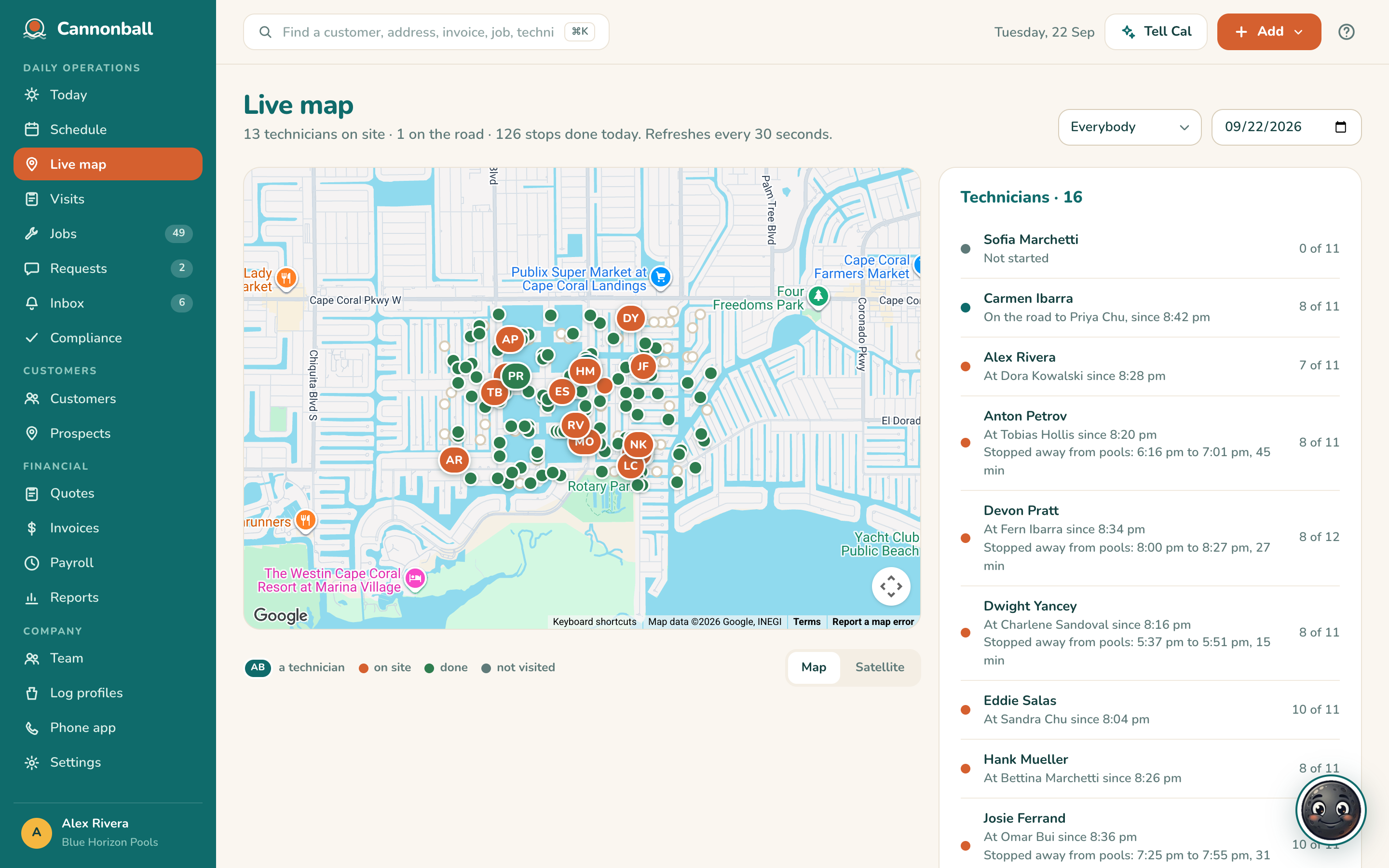 Cannonball live map and technician status