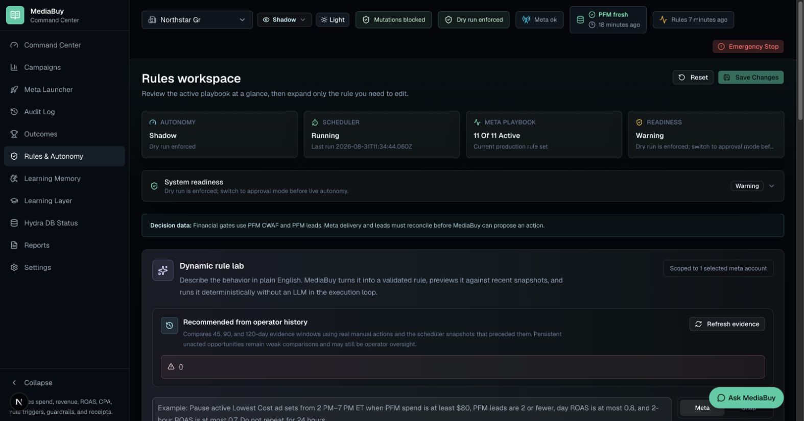 Rules workspace showing shadow mode, blocked mutations, and readiness controls