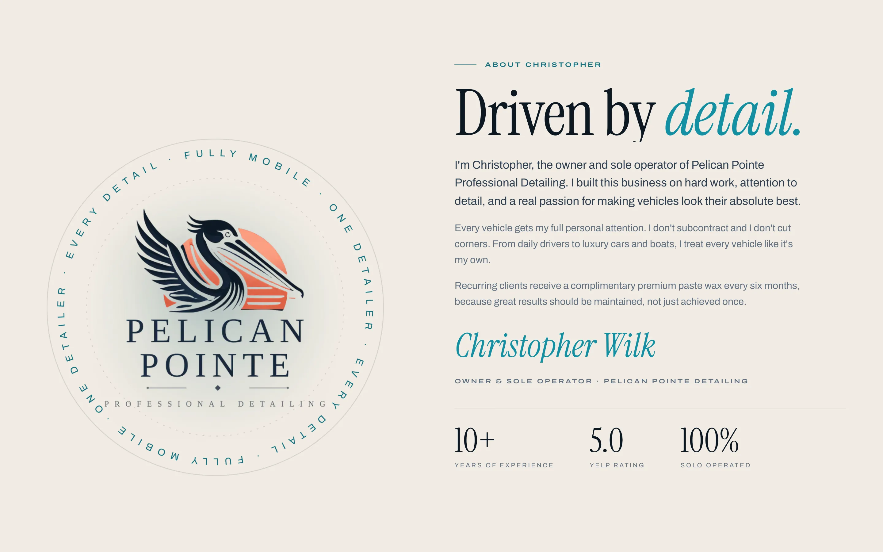 The About section with the recolored pelican crest and Christopher’s story