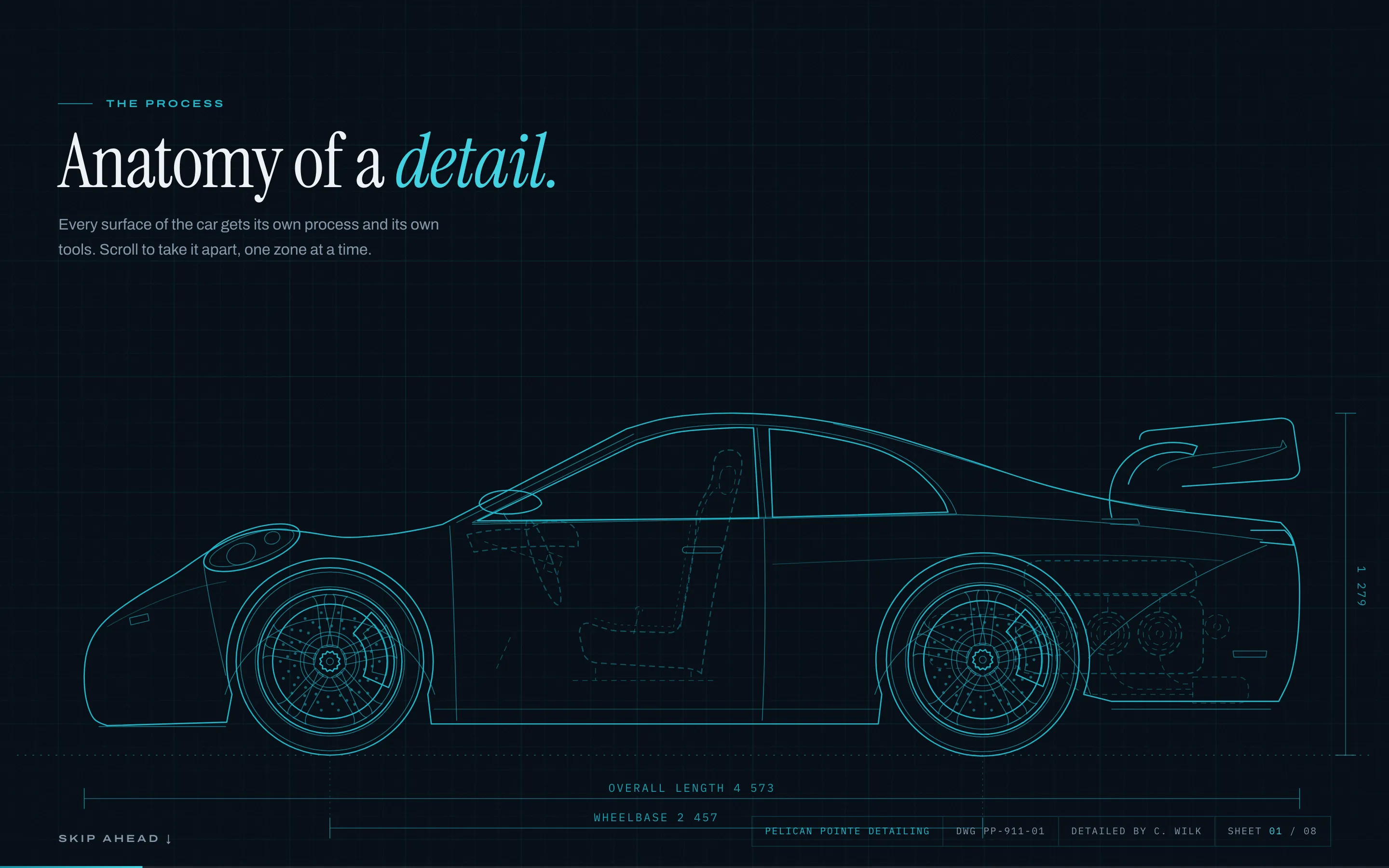 The car drawn as a blue-on-navy blueprint with its overall length, wheelbase, and height dimensioned