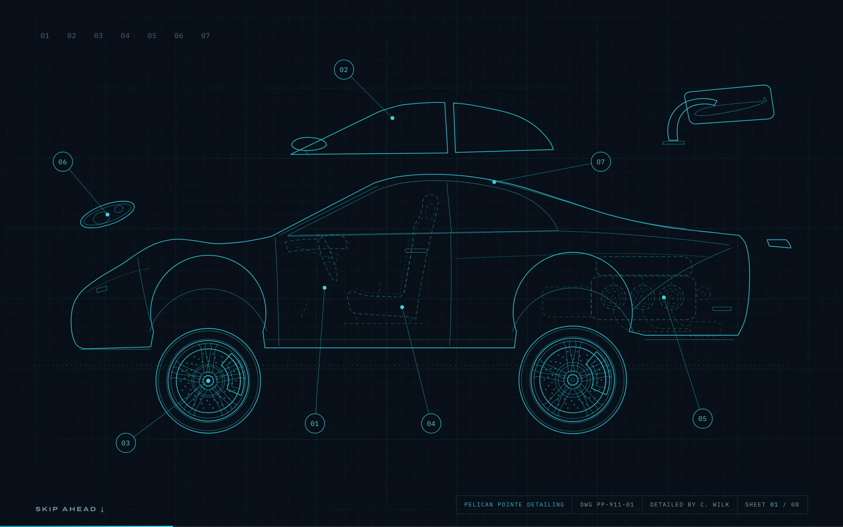 The blueprint exploded: glass and wing lifted, headlight out, wheels dropped, with numbered callouts for seven zones