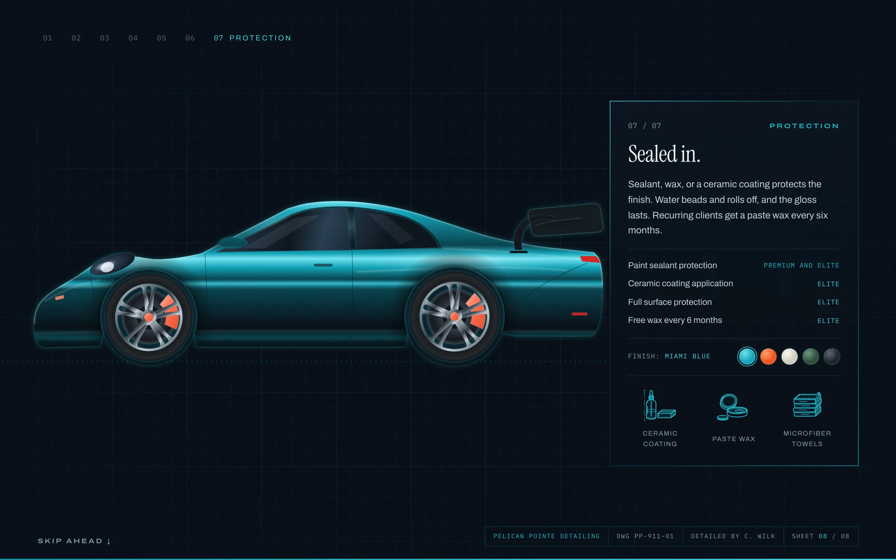 The car reassembled and painted Miami Blue with coral calipers, beside a finish picker