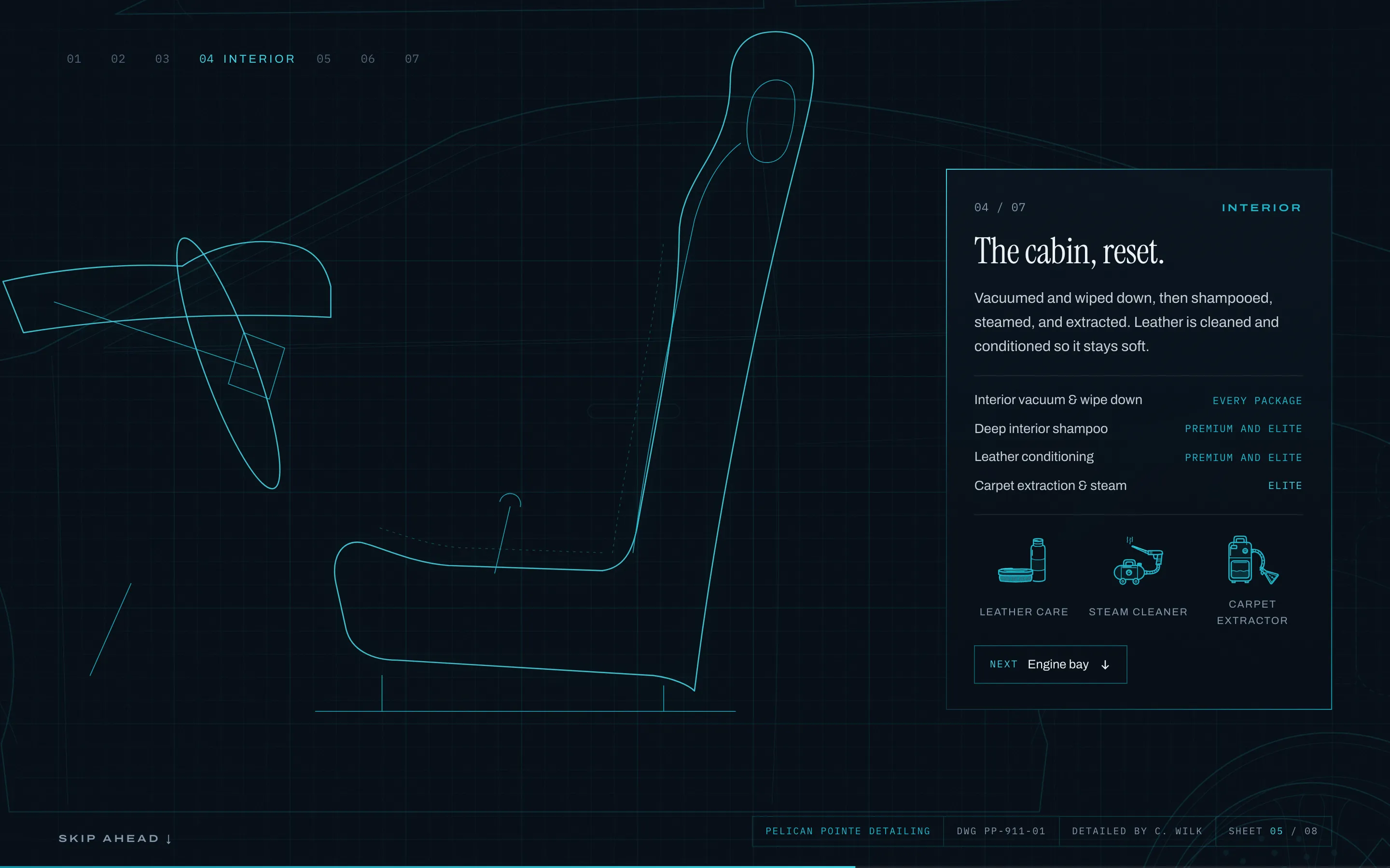 A bucket seat and steering wheel lifted out of the cabin beside the interior services
