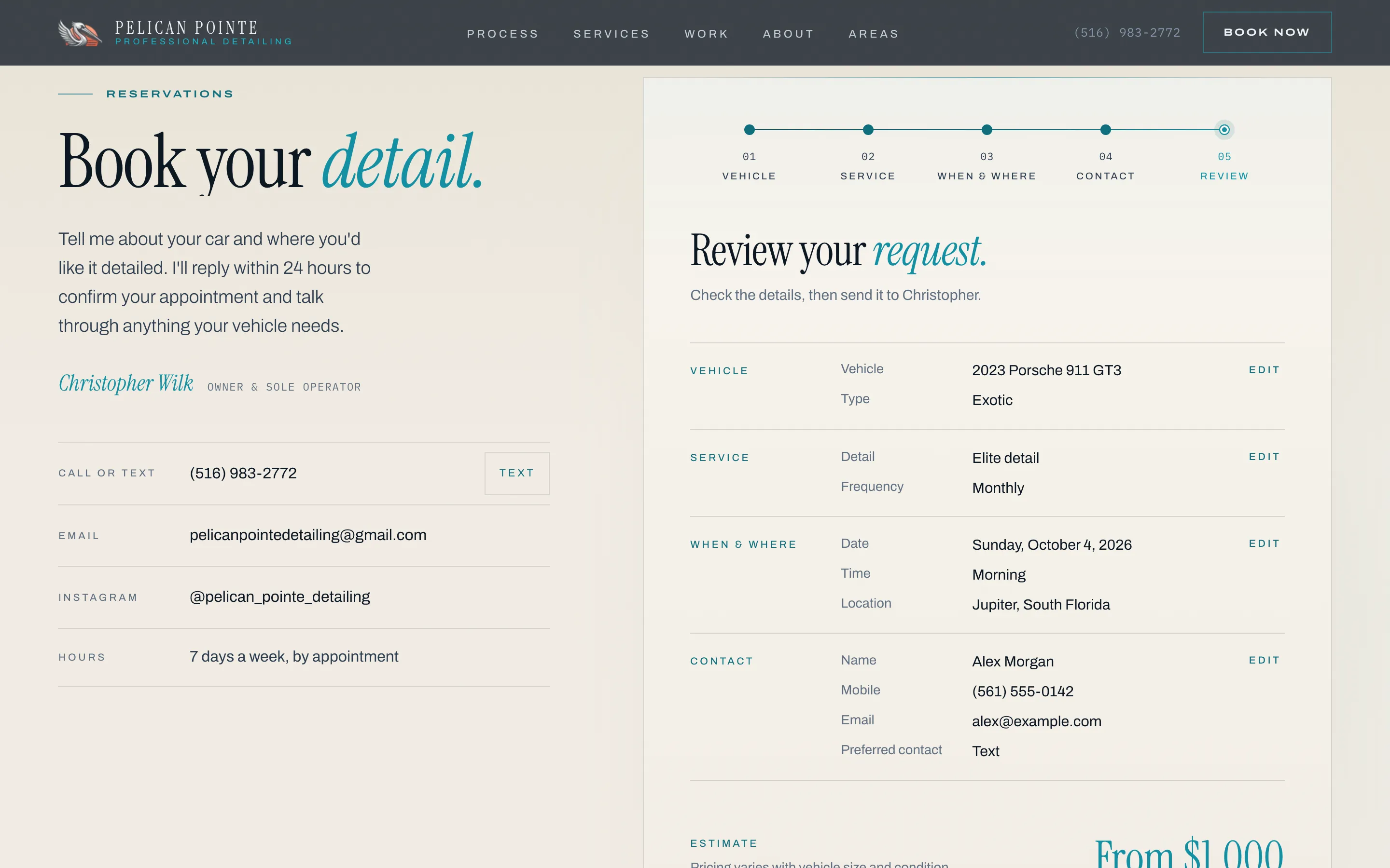 The review step summarizing a placeholder request with an estimate from $1,000