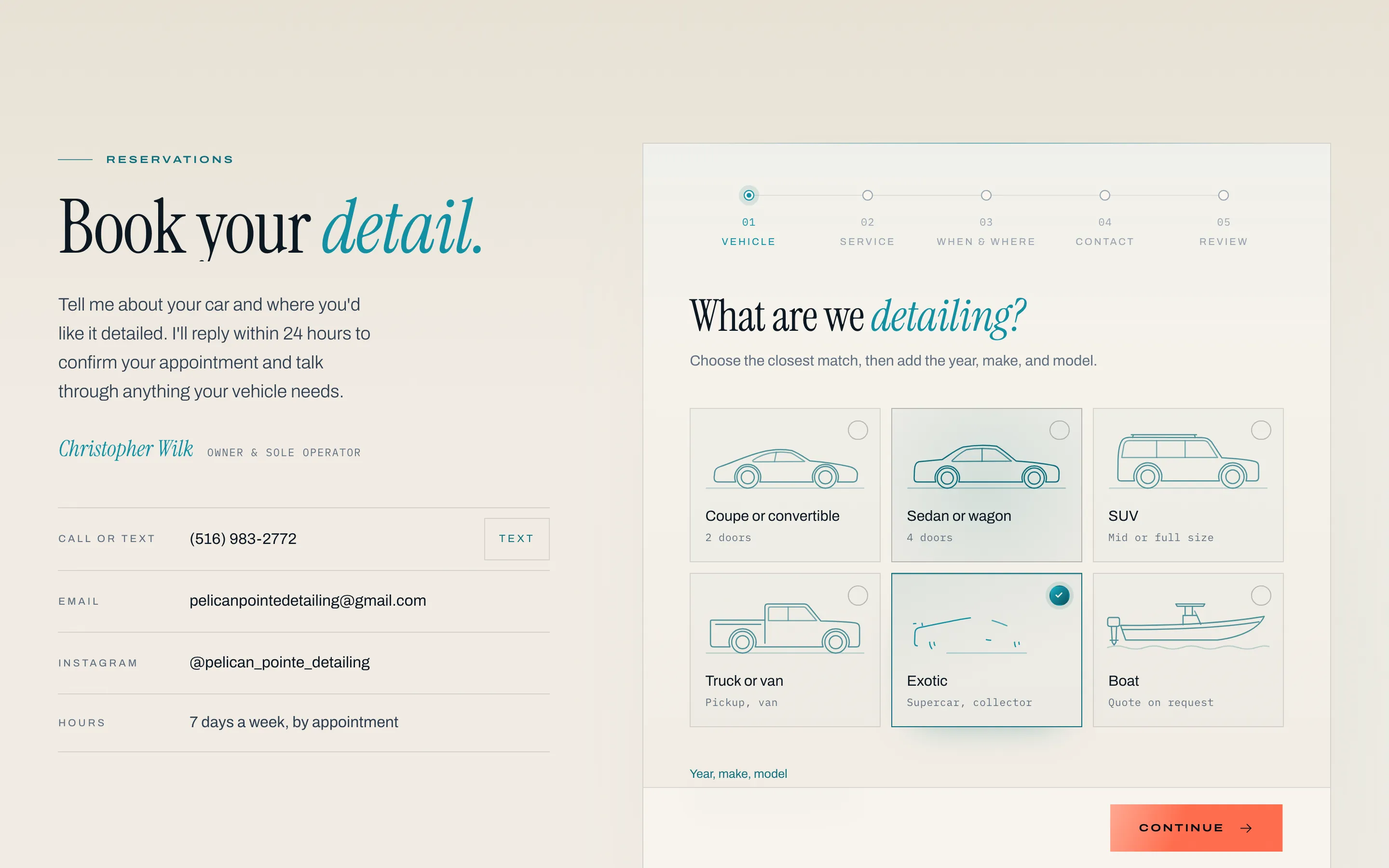 Booking step one: six vehicle types drawn as line icons, with Exotic selected