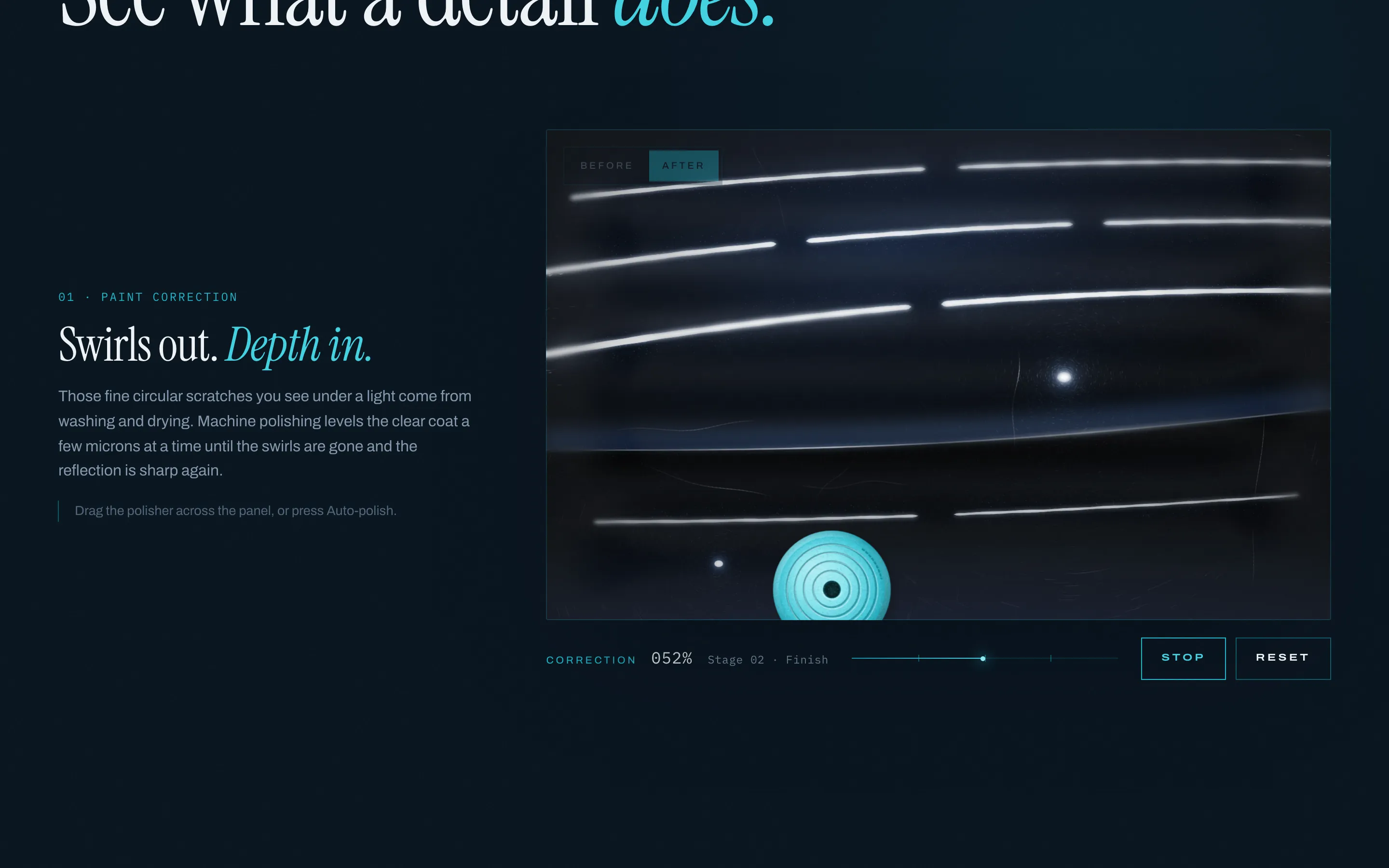 The virtual polisher halfway across the panel, the correction meter at 50 percent