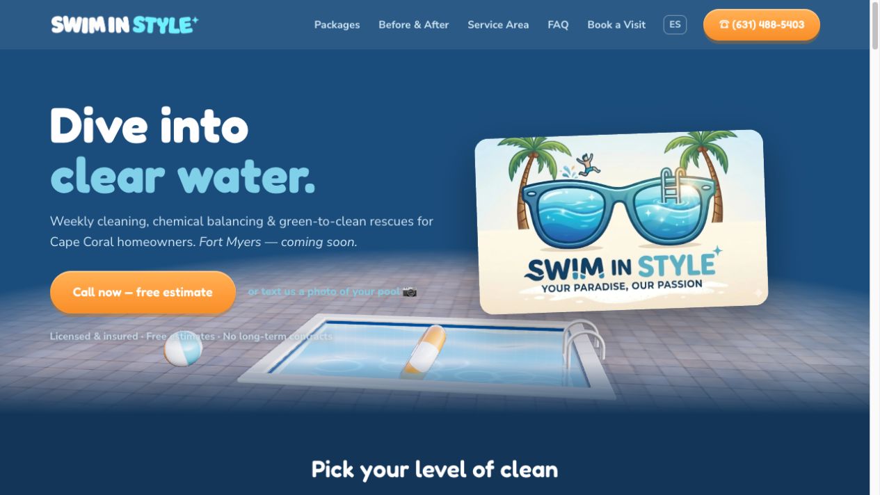Swim in Style homepage with pool care services, a booking request button, and a 3D pool scene.